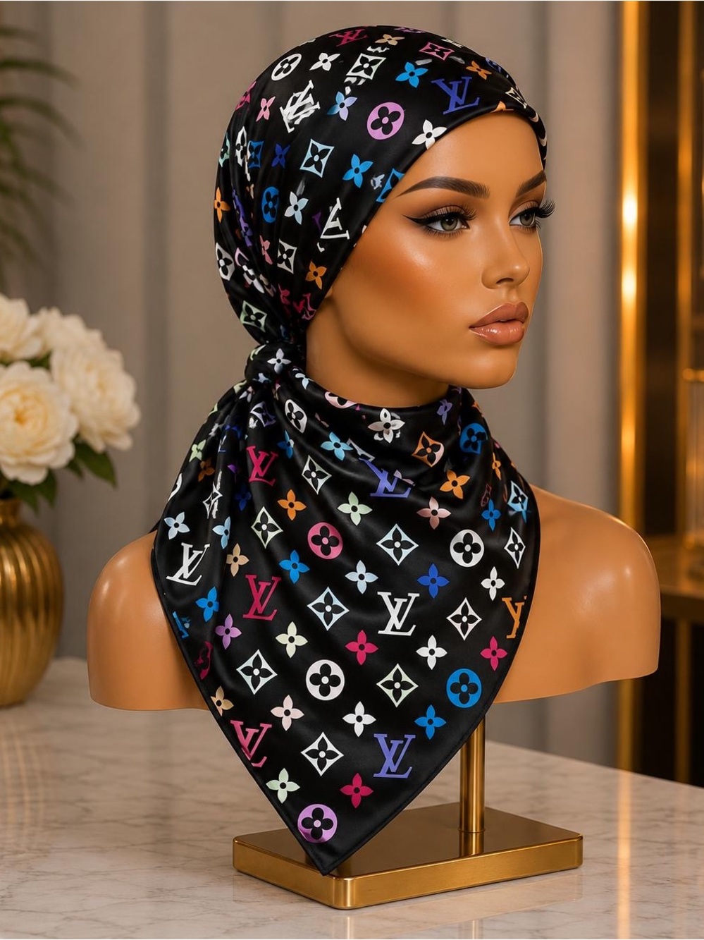 Luxury-Inspired Black Multicolor Logo Silk Scarf Bandana